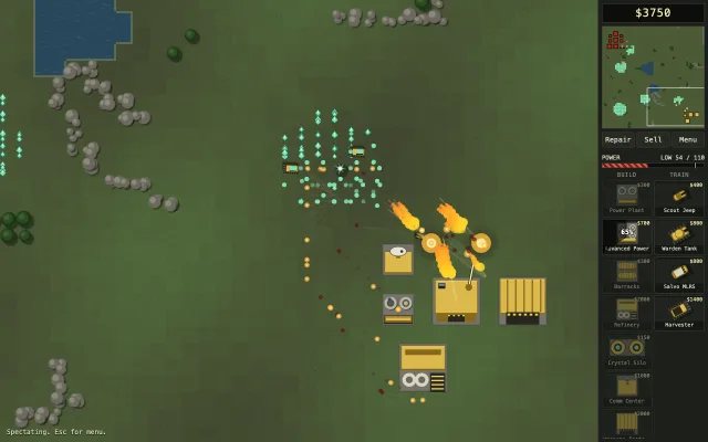 Instruct & Defeat base under attack, with harvesters and the build sidebar