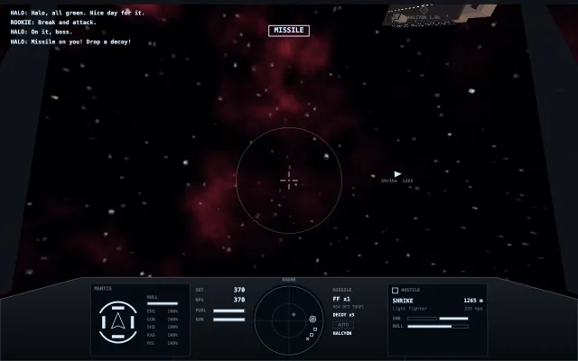 Starlance cockpit: radar, shield display and a Shrike fighter targeted ahead